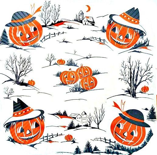 Vintage Halloween illustration with smiling jack-o'-lanterns wearing witch hats in a snowy countryside scene.