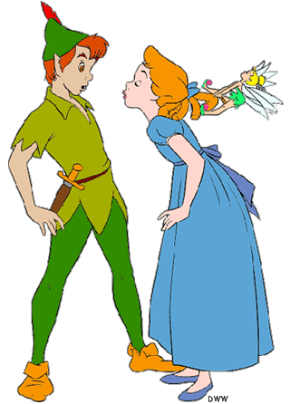 Peter Pan in green tunic and cap stands beside Wendy in blue dress, with Tinker Bell flying nearby holding a wand.