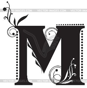 Ornate black-and-white decorative letter "M" with floral swirls, dots, and elegant filigree accents.