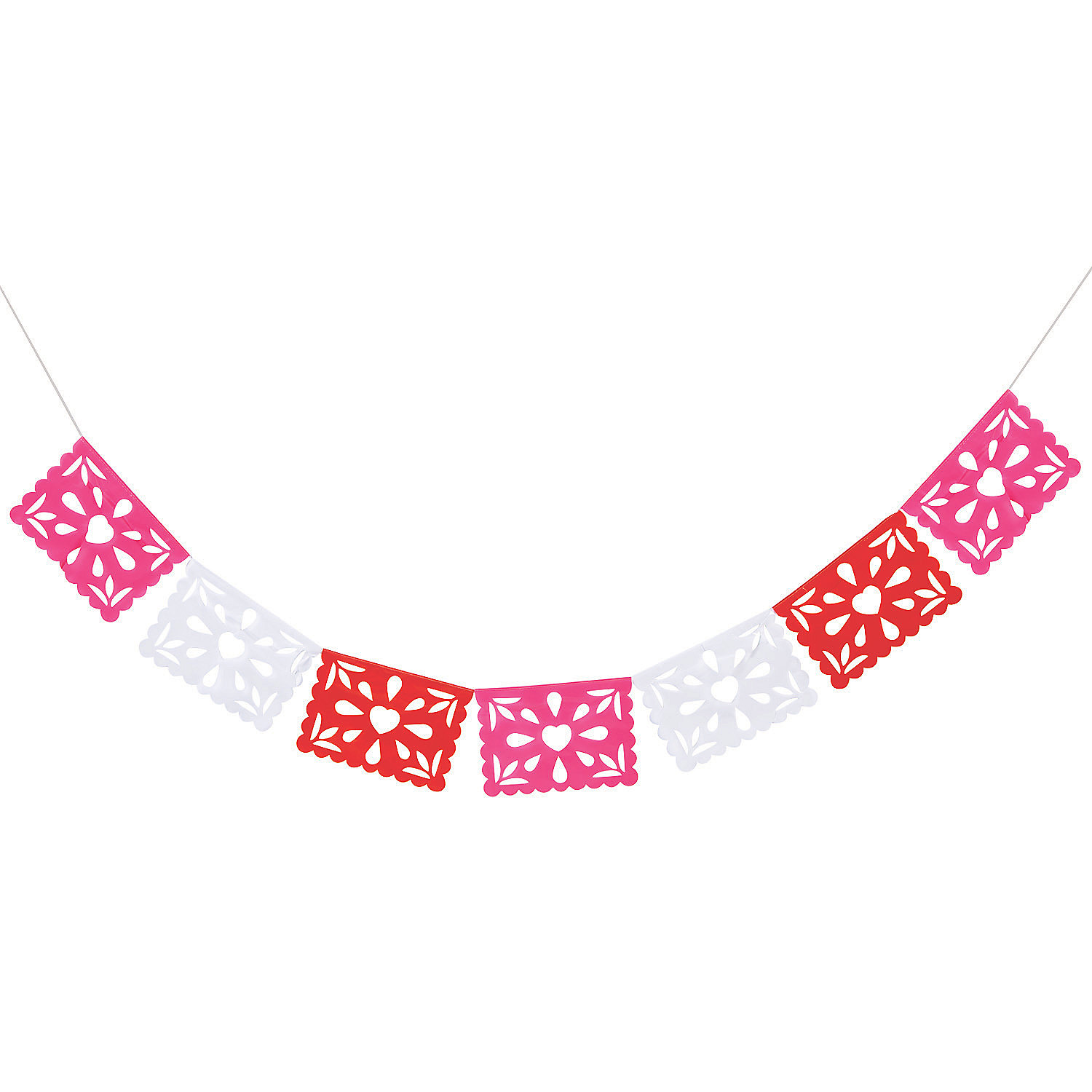 Colorful papel picado banner with pink, red, and white heart-patterned flags strung on a line.