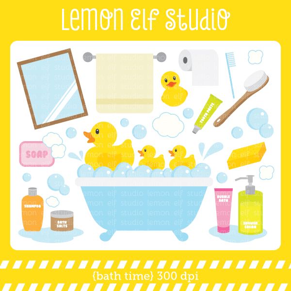 Cheerful bath time clipart with rubber ducks, bubbles, soap, shampoo, and bathroom accessories by Lemon Elf Studio.