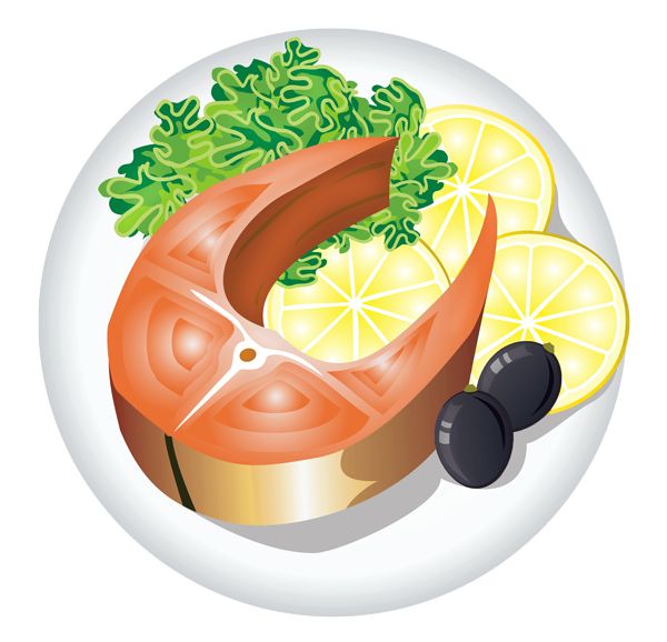Grilled salmon steak with lemon slices, black olives, and fresh greens on a white plate.