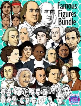 Illustrated collage of famous historical figures including Einstein, Washington, Shakespeare, and Cleopatra on a teal hexagonal background.