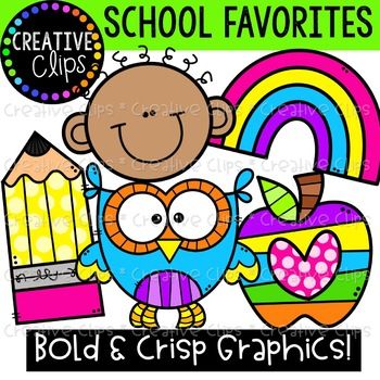 Cheerful cartoon owl, pencil, rainbow apple, and smiling child-school-themed clipart with bold, crisp graphics.