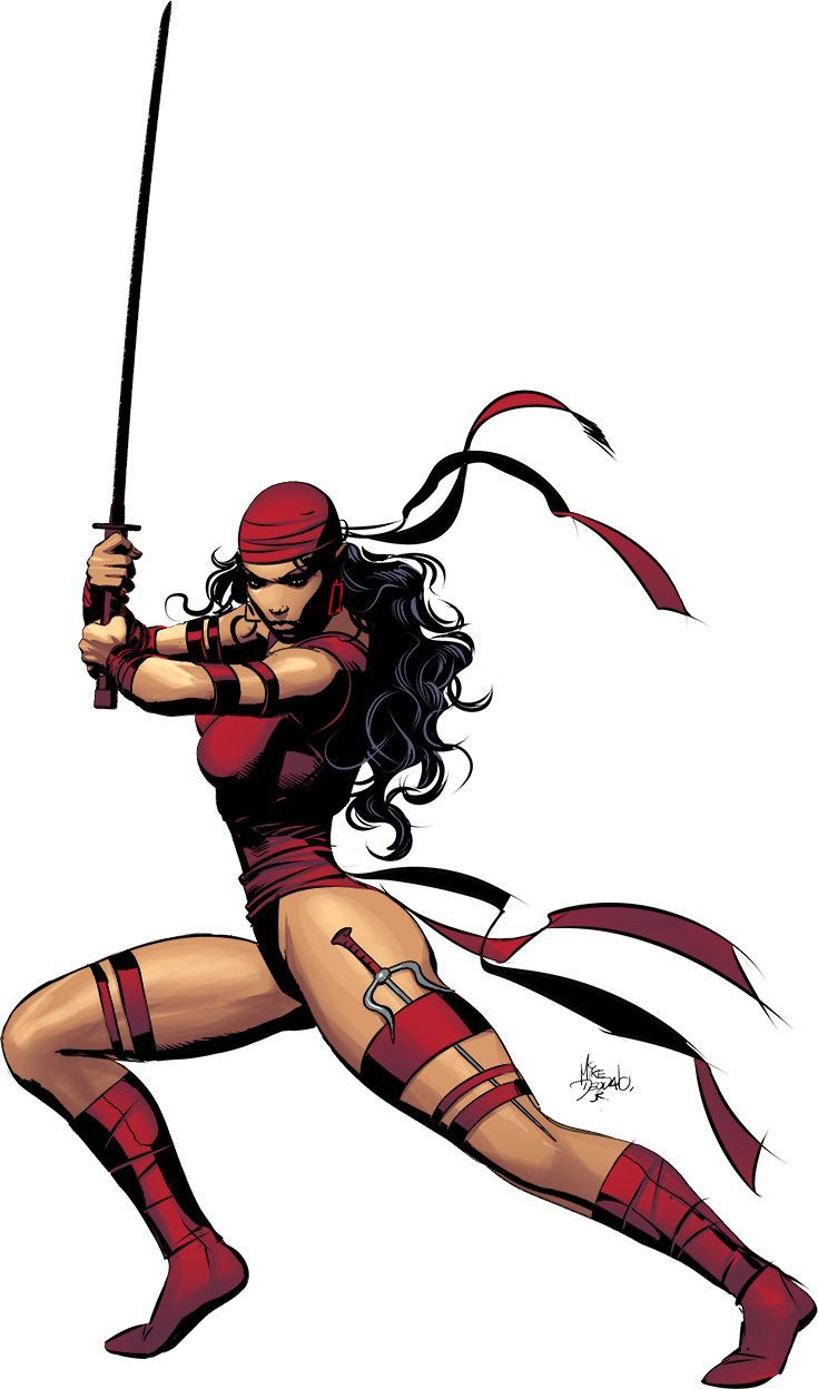 Elektra Natchios in red ninja attire, wielding a katana with flowing ribbons and a sai at her thigh.