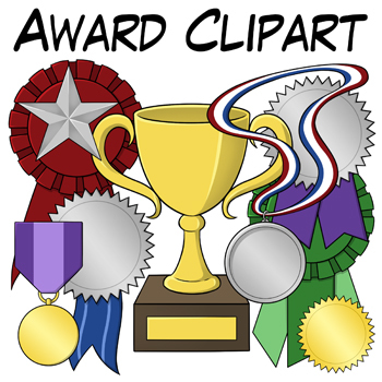 Clipart illustration of a golden trophy cup surrounded by ribbons, medals, stars, and award badges in red, purple, green, and silver.