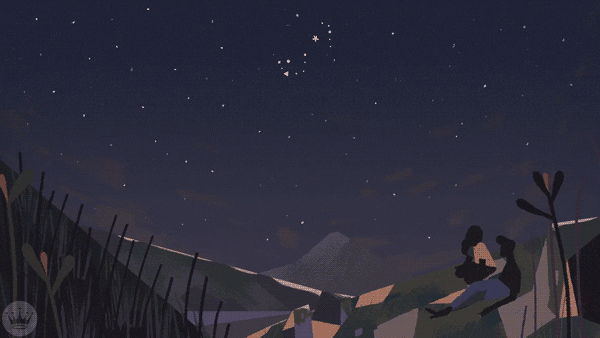 A person sits on a hillside at night, gazing at a starry sky with a distant mountain silhouette and tall grass in the foreground.