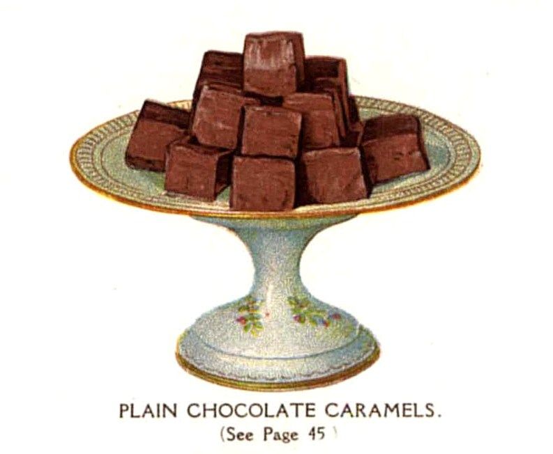 Vintage illustration of plain chocolate caramels stacked on an ornate ceramic pedestal dish.