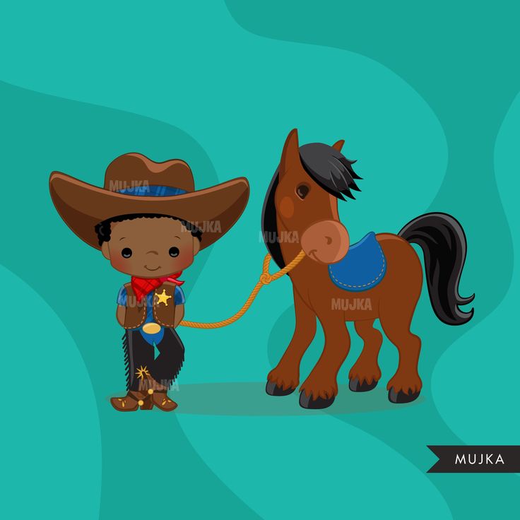 A smiling Black cowboy child in a brown hat and vest stands beside a brown horse with a blue saddle, holding its rope.