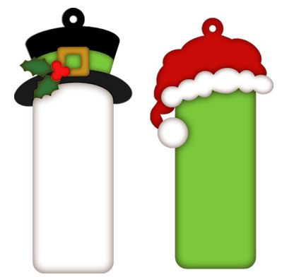 Two festive holiday gift tags: one with a leprechaun hat and holly, the other with a Santa hat on a green tag.