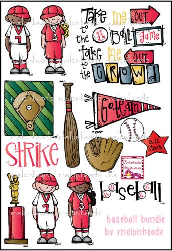 Baseball-themed clip art bundle featuring cartoon players, equipment, and playful text signs by Melonheadz.