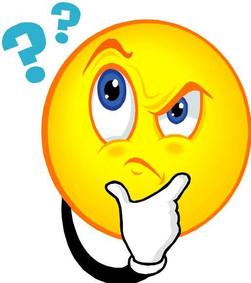 Yellow emoji with skeptical expression, raised eyebrow, finger on chin, and floating question marks above head.