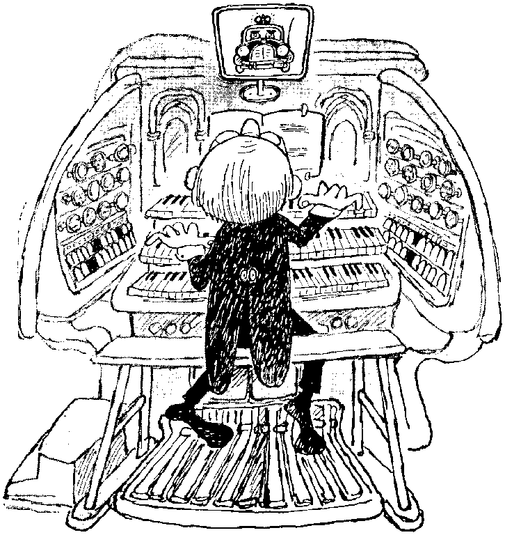 A cartoon child plays a massive, ornate pipe organ with multiple keyboards, stops, and a monitor showing a smiling robot face.