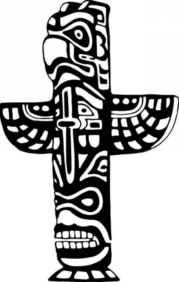 Black-and-white stylized totem pole with eagle head, outstretched wings, and human-like face, in Indigenous Northwest Coast art style.