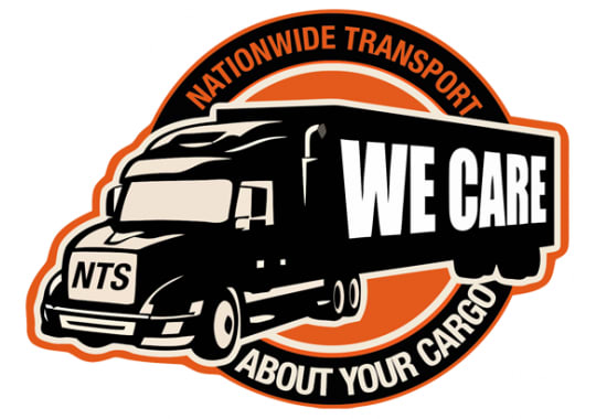Nationwide Transport logo featuring a black semi-truck with "NTS" on grille, encircled by orange ring and slogan "We Care About Your Cargo".