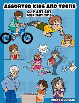 Colorful cartoon clip art set featuring diverse kids and teens in playful, expressive scenes-biking, reading, arguing, gaming, and more.