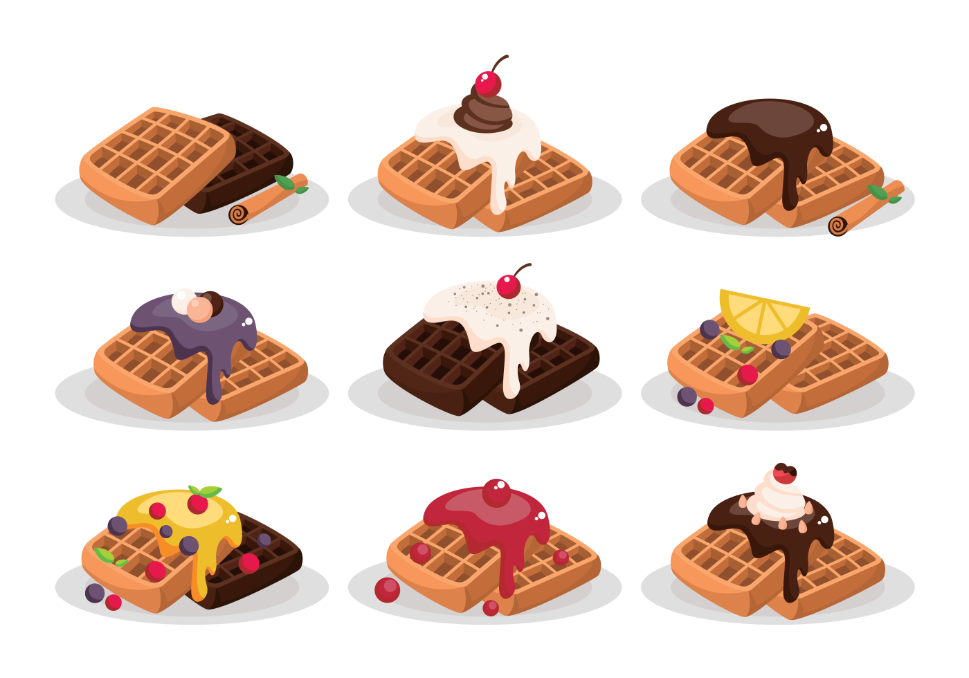 Nine delicious waffle varieties with toppings like chocolate, berries, whipped cream, and lemon on white plates.
