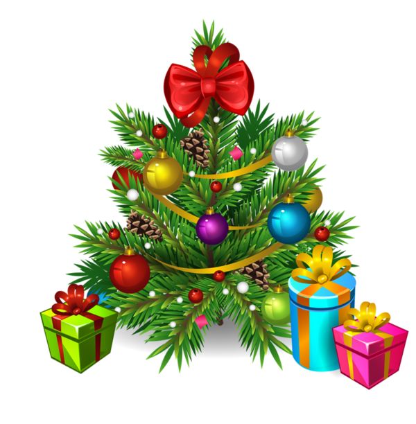 Decorated Christmas tree with red bow, colorful ornaments, pinecones, and wrapped gifts beneath.