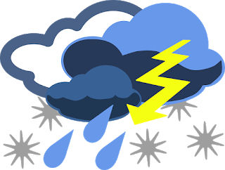 Storm icon showing dark clouds, lightning bolt, raindrops, and snowflakes indicating mixed severe weather.