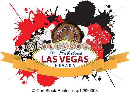 Vibrant Las Vegas welcome sign with roulette wheel, dice, poker chips, and colorful splatter art.