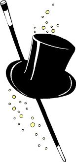 Black top hat with magic wand and sparkling particles, classic illusion symbol.