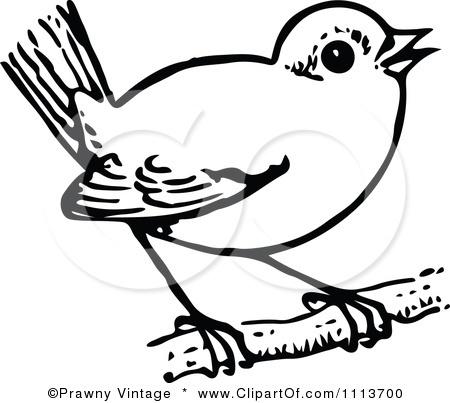Black-and-white line art illustration of a small bird perched on a branch, beak open as if singing.