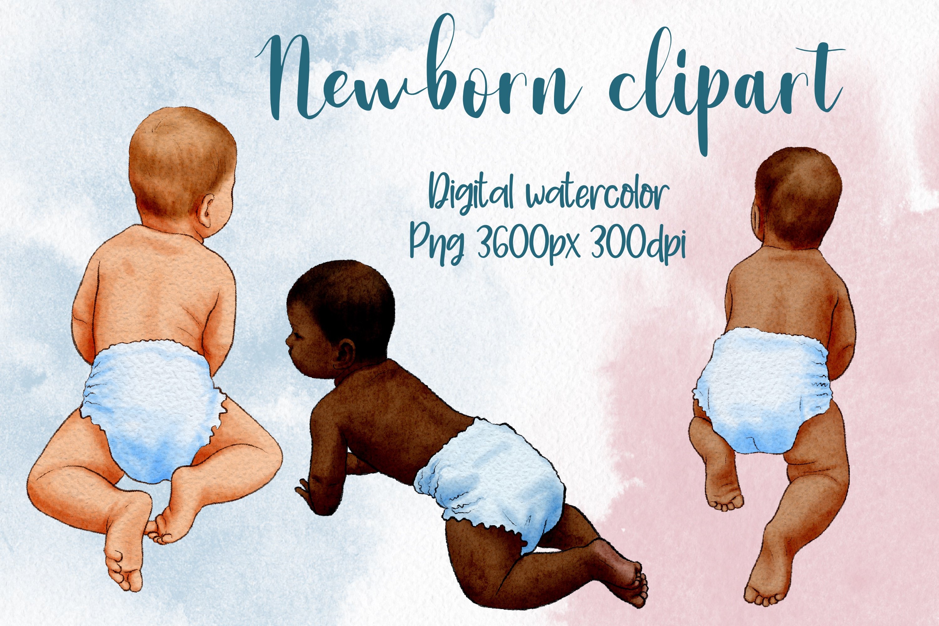 Three diverse newborn babies in diapers shown from behind and side, watercolor digital clipart illustration.
