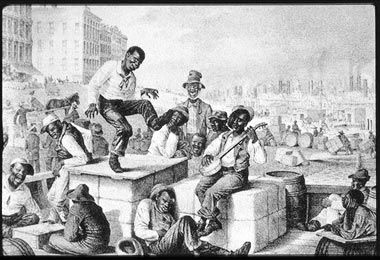 Historical Engraving of Minstrel Show Performance in 19th-Century Urban Setting