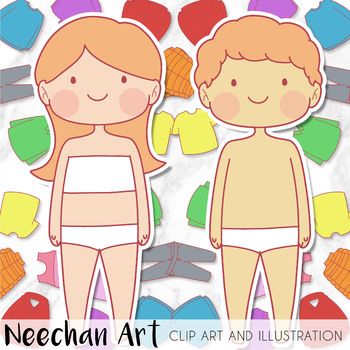Cartoon girl and boy paper doll figures with colorful clothing pieces scattered around, by Neechan Art.
