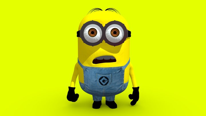 Surprised yellow Minion with goggles and denim overalls against bright yellow background.