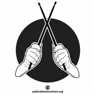 Two hands gripping crossed drumsticks against a black circular background, monochrome vector illustration.