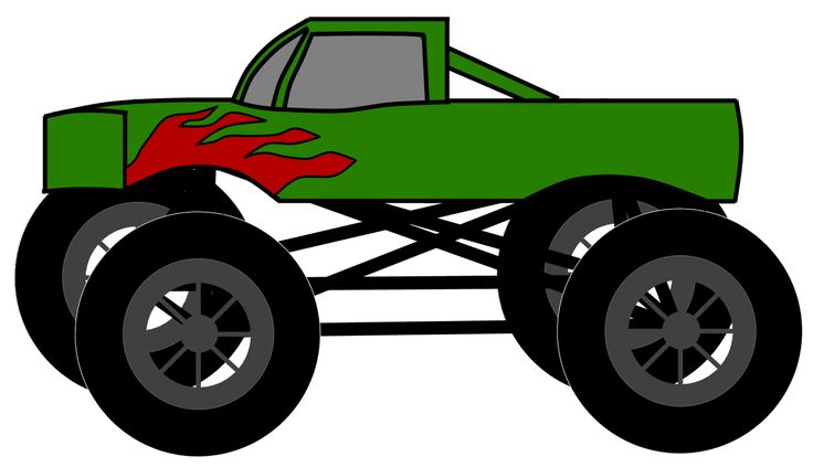 Green monster truck with red flame decal and oversized black tires on a white background.