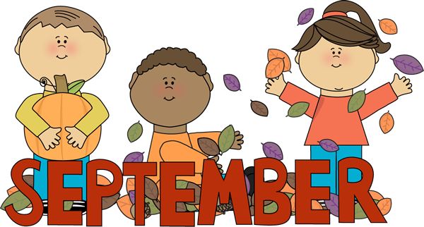 Three diverse children playing with autumn leaves and a pumpkin, celebrating September.