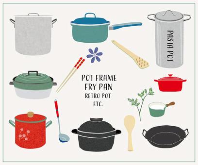Illustrated collection of vintage and modern cookware including pots, pans, pasta pot, fry pan, and utensils.