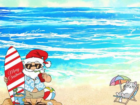 Santa Claus in sunglasses holding a surfboard and drink on a sunny beach with a cat relaxing nearby.