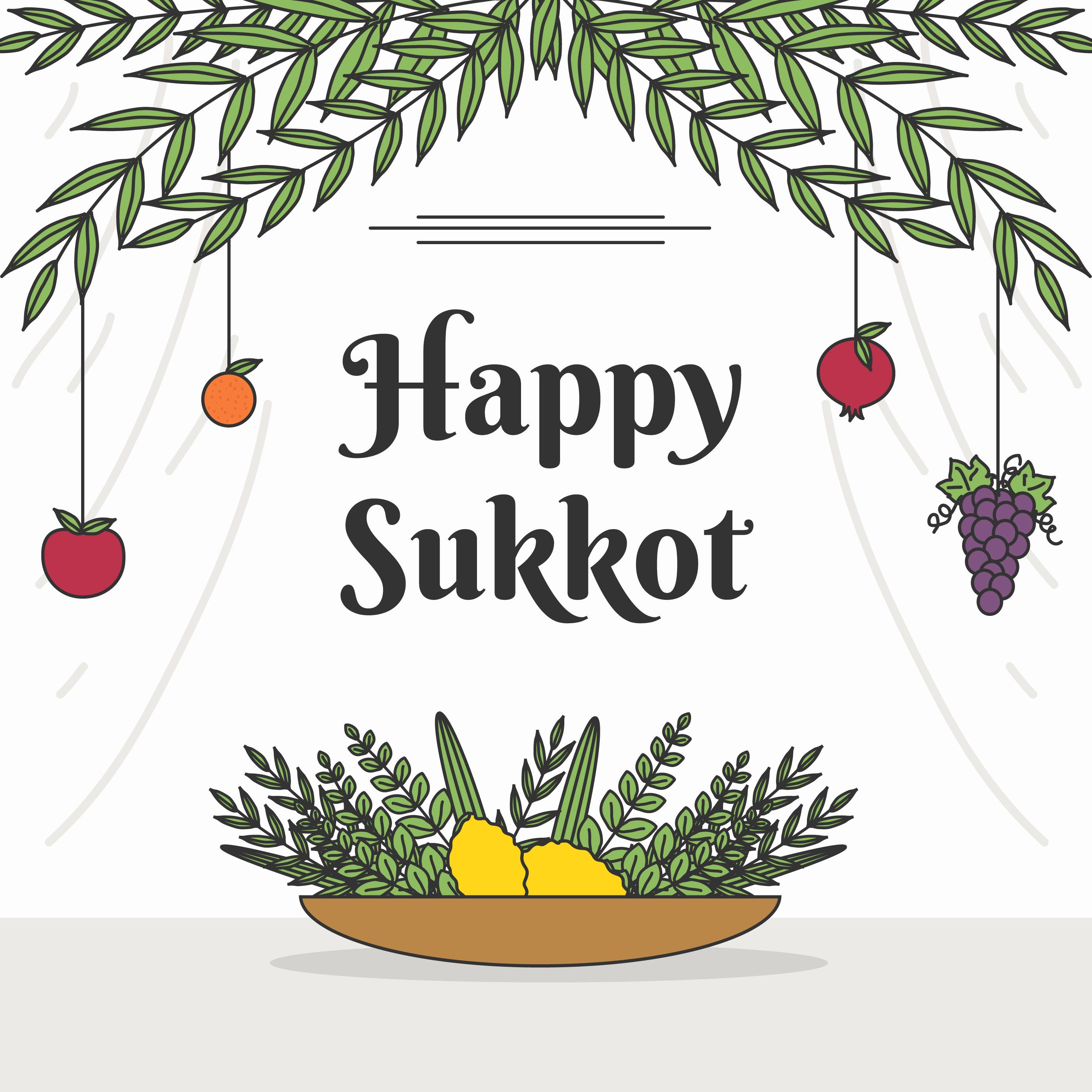 Illustrated "Happy Sukkot" greeting with lulav, etrog, hanging fruits, and leafy canopy.