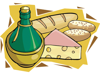 Illustration of classic French-style food items: green olive oil bottle, baguette, Swiss cheese wedge, and seeded rolls on a yellow background.
