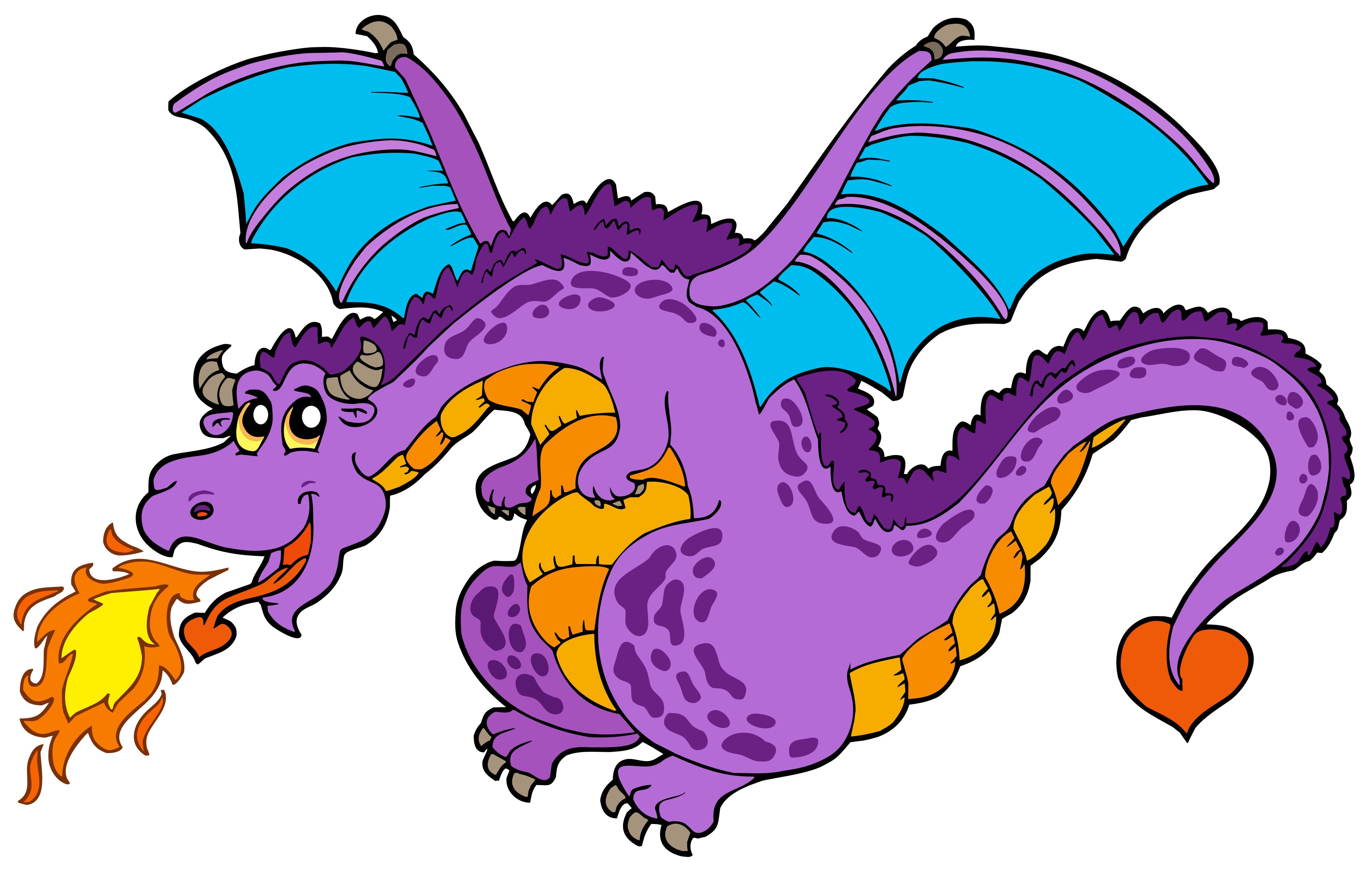 Friendly purple dragon with blue wings breathing fire and heart-shaped tail tip.