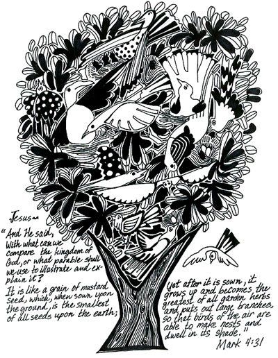 Black-and-white illustration of the Parable of the Mustard Seed with birds, flowers, and scripture text from Mark 4:31.