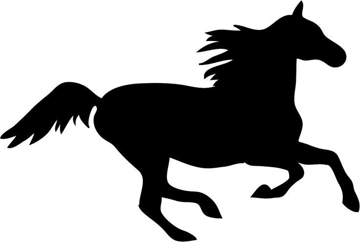 Black silhouette of a galloping horse with flowing mane and tail, captured mid-stride against white background.