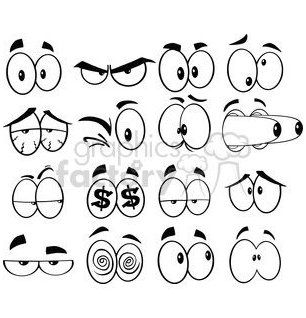 Collection of 16 cartoon eye expressions showing emotions like anger, surprise, greed, confusion, and sleepiness.