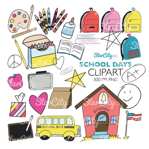 Colorful school-themed clipart set including backpacks, bus, crayons, apple, and schoolhouse.