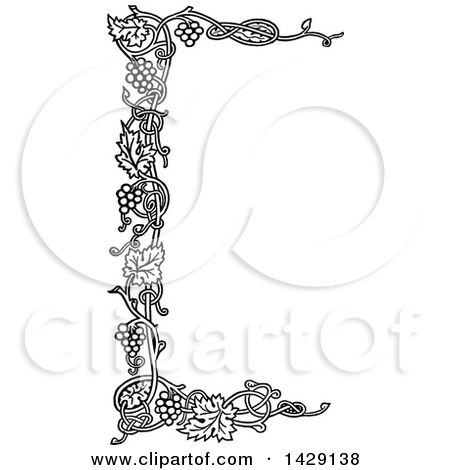 Ornate black-and-white decorative letter "L" with grapevine and leaf motifs in Celtic-style scrollwork.