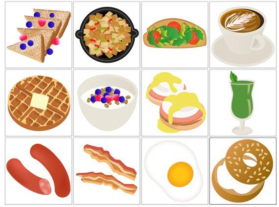A grid of 12 breakfast food illustrations including toast, oatmeal, omelet, coffee, waffle, yogurt, eggs benedict, smoothie, sausages, bacon, fried egg, and bagel.