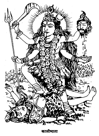 Kalimata (Kali) depicted with multiple arms, trident, severed head, garland of skulls, standing on Shiva, black-and-white line art.