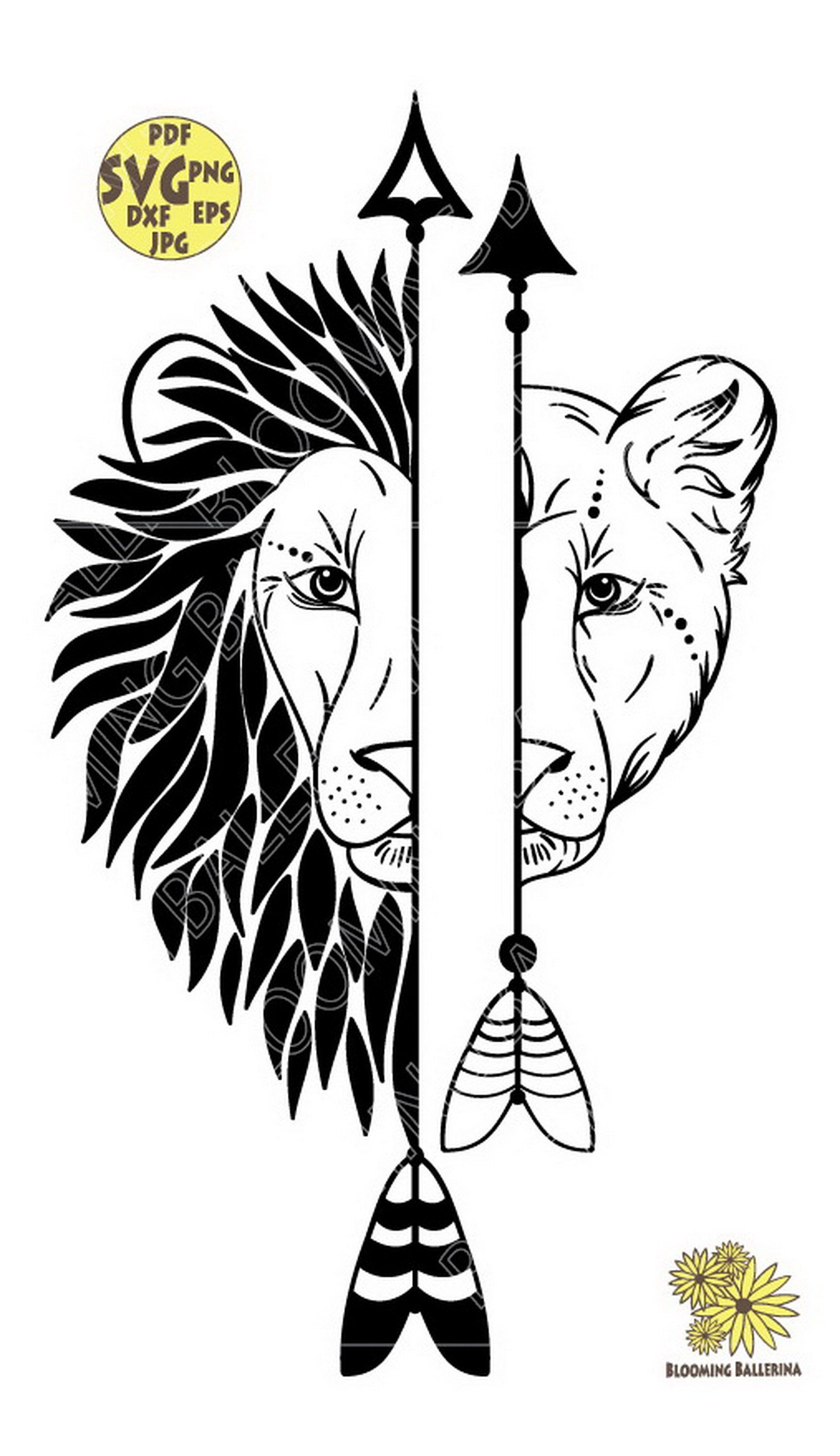 Black-and-white tribal-style lion and lioness flanking a decorative arrow with feather fletching and geometric patterns.