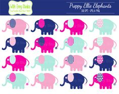 Twelve colorful cartoon elephants in pink, navy, mint, and purple with patterned ears, arranged in a grid for clipart use.