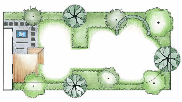 Top-down garden layout plan featuring pathways, trees, shrubs, and a patio area with seating and water feature.