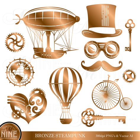 Bronze steampunk clipart set featuring airships, gears, top hat, goggles, mustache, keys, hot air balloon, and vintage bicycle.