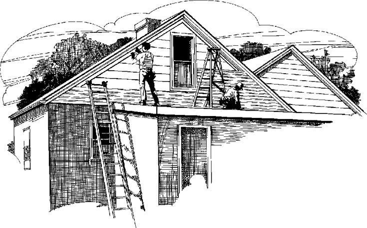 Two workers installing siding on a gabled roof of a house, using ladders and scaffolding.